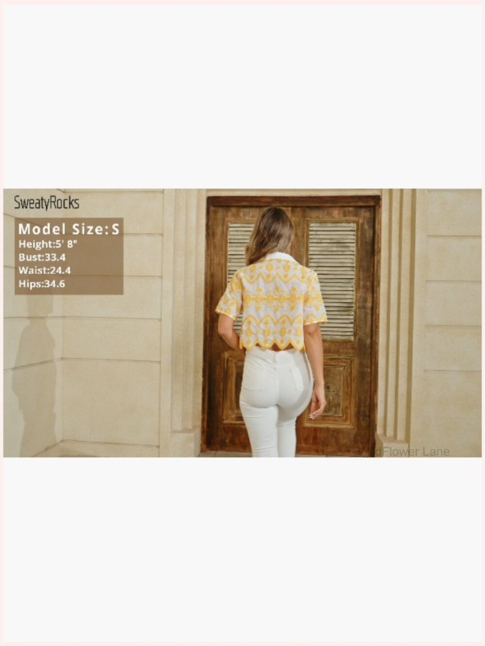 Short Sleeve Button Down Crop Blouse with Floral Embroidery - Picture 6 of 6